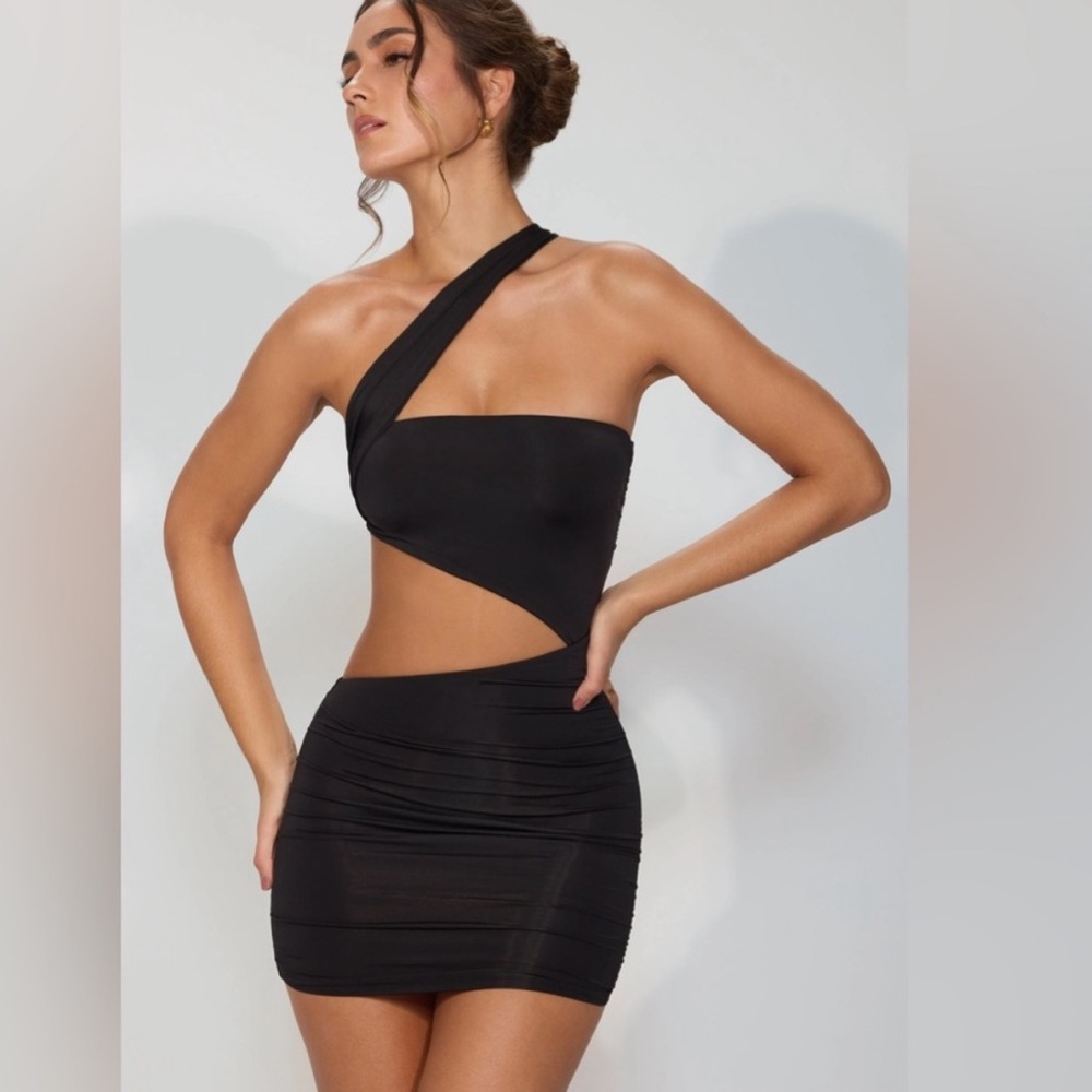 Oh Polly Shyla Slinky Jersey Ruched Cut Out Mini Dress in Black